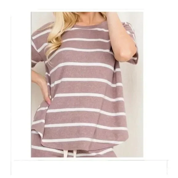 Mocha Short Sleeve Striped Top and Short Set  Sizes M-L-XL - Picture 5 of 7